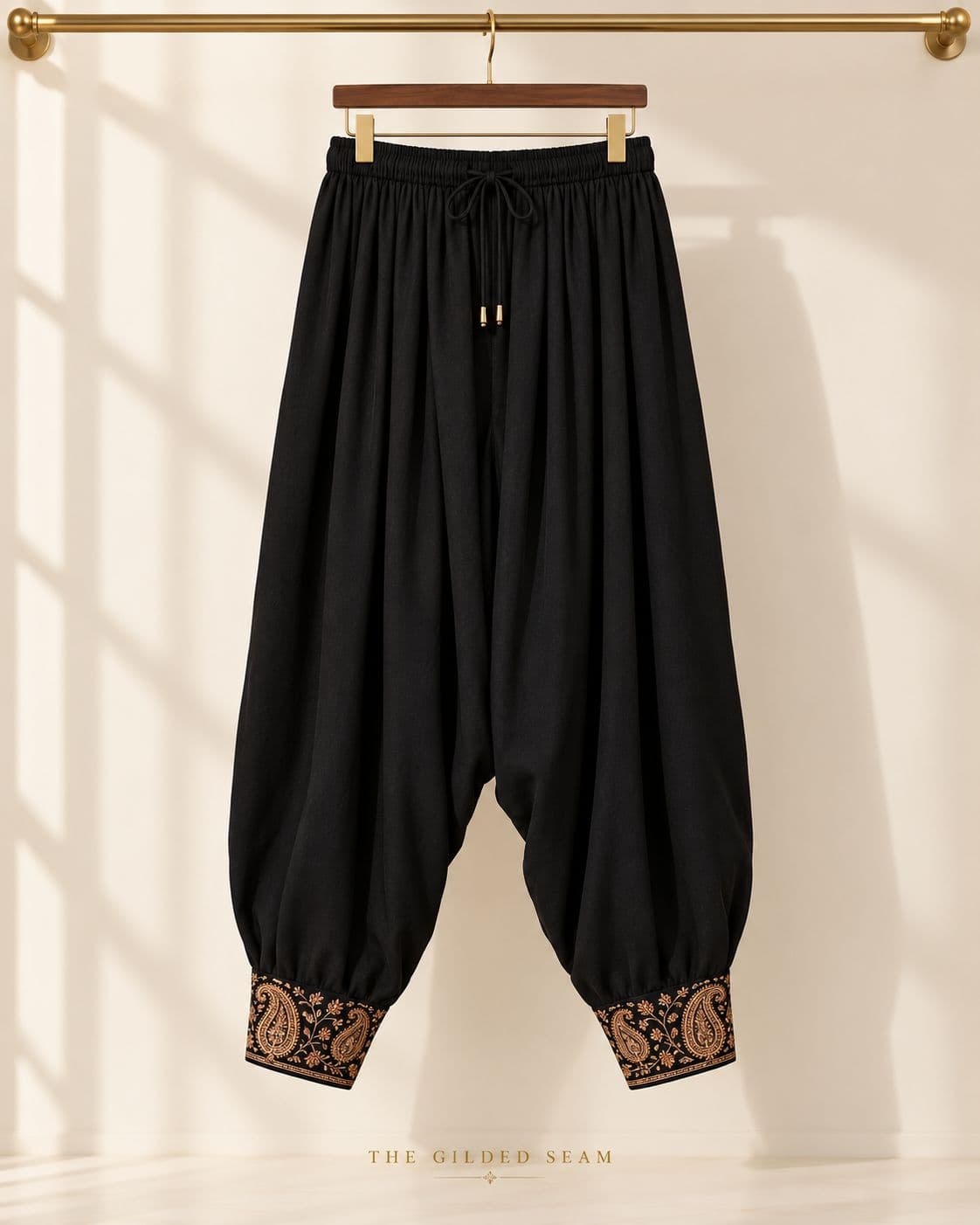 Design preview of the Paisley Cuff Harem Trousers in black