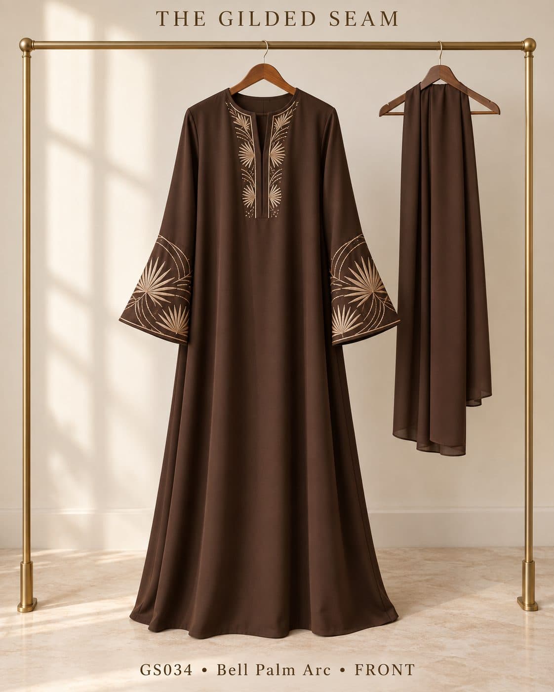 Design preview of the Palm Arc bell abaya in chocolate brown