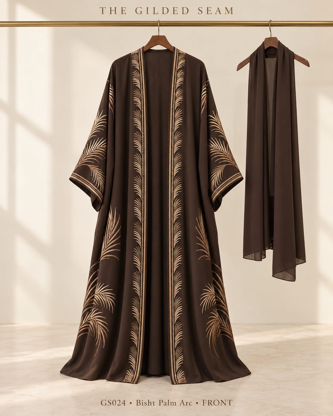 Design preview of the Palm Arc bisht abaya in chocolate brown