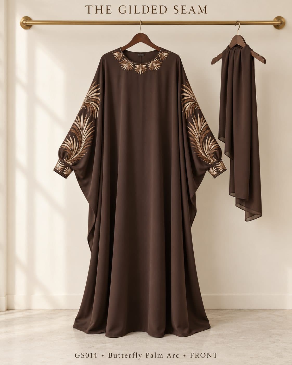 Design preview of the Palm Arc butterfly abaya in chocolate brown