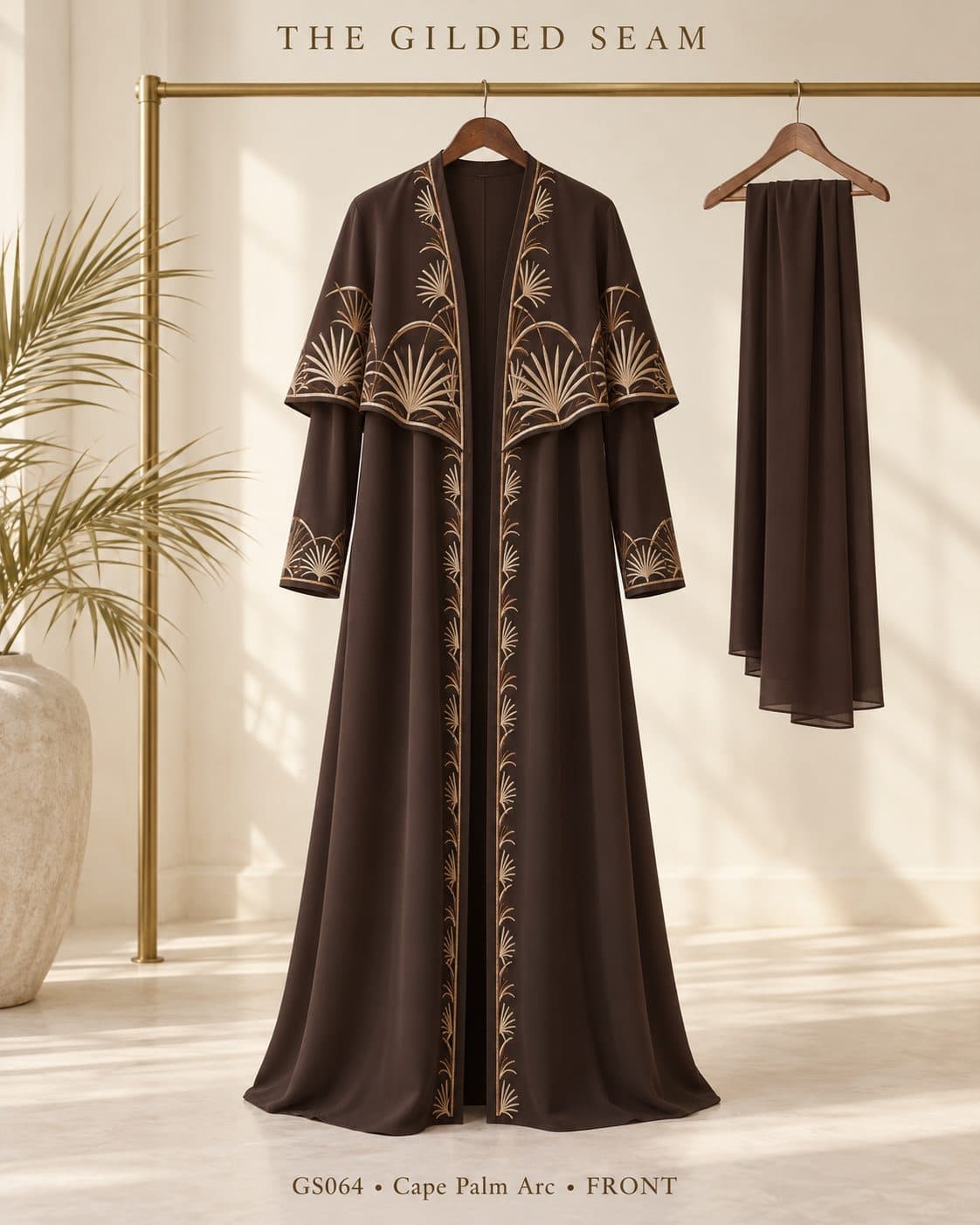 Design preview of the Palm Arc cape abaya in chocolate brown