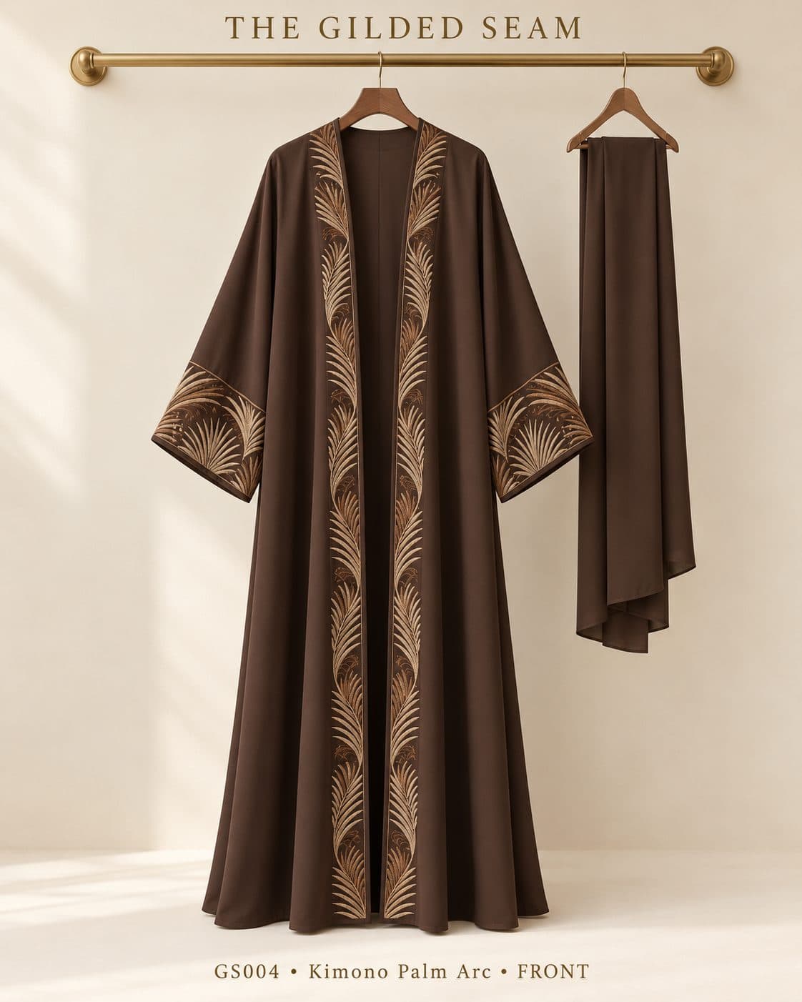 Design preview of the Palm Arc kimono abaya in chocolate brown