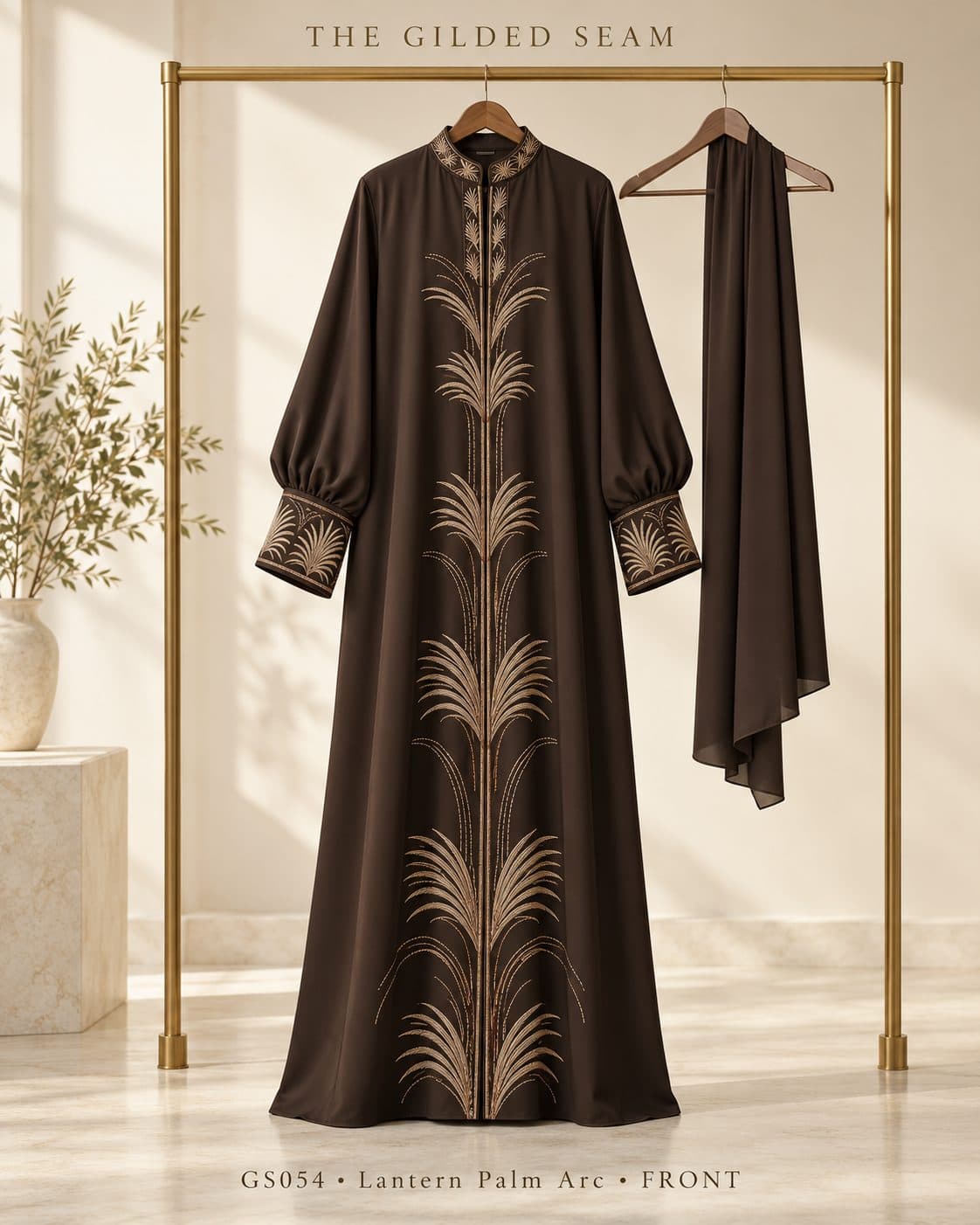 Design preview of the Palm Arc lantern abaya in chocolate brown