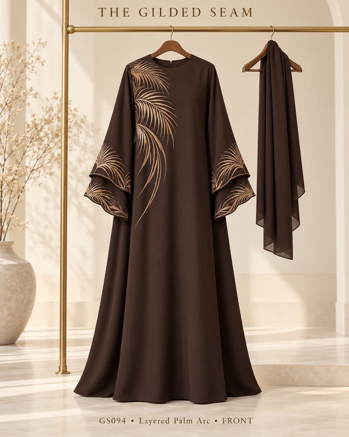 Design preview of the Palm Arc layered abaya in chocolate brown