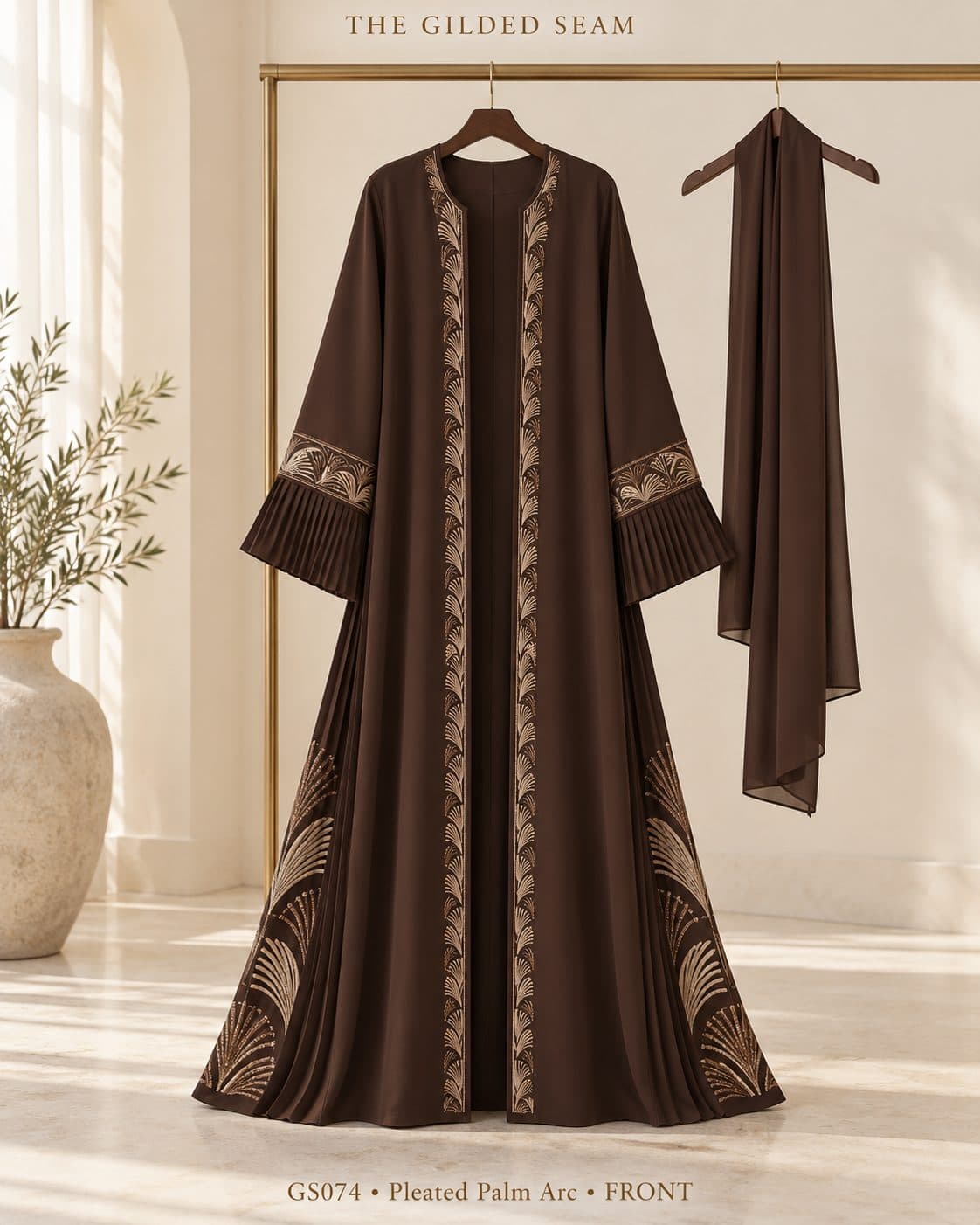 Design preview of the Palm Arc pleated abaya in chocolate brown