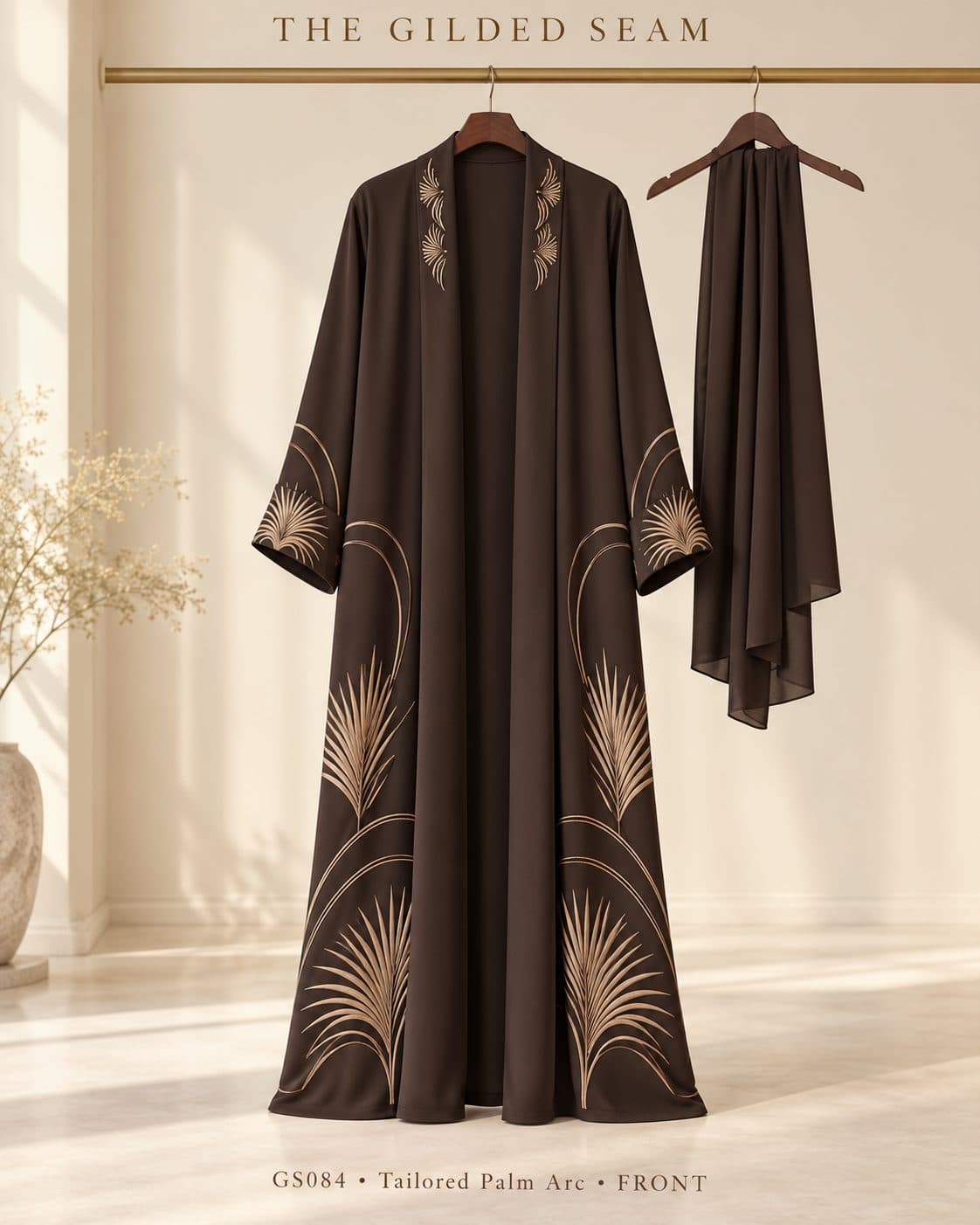 Design preview of the Palm Arc tailored abaya in chocolate brown