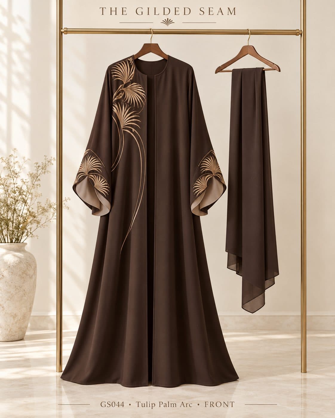 Design preview of the Palm Arc tulip abaya in chocolate brown