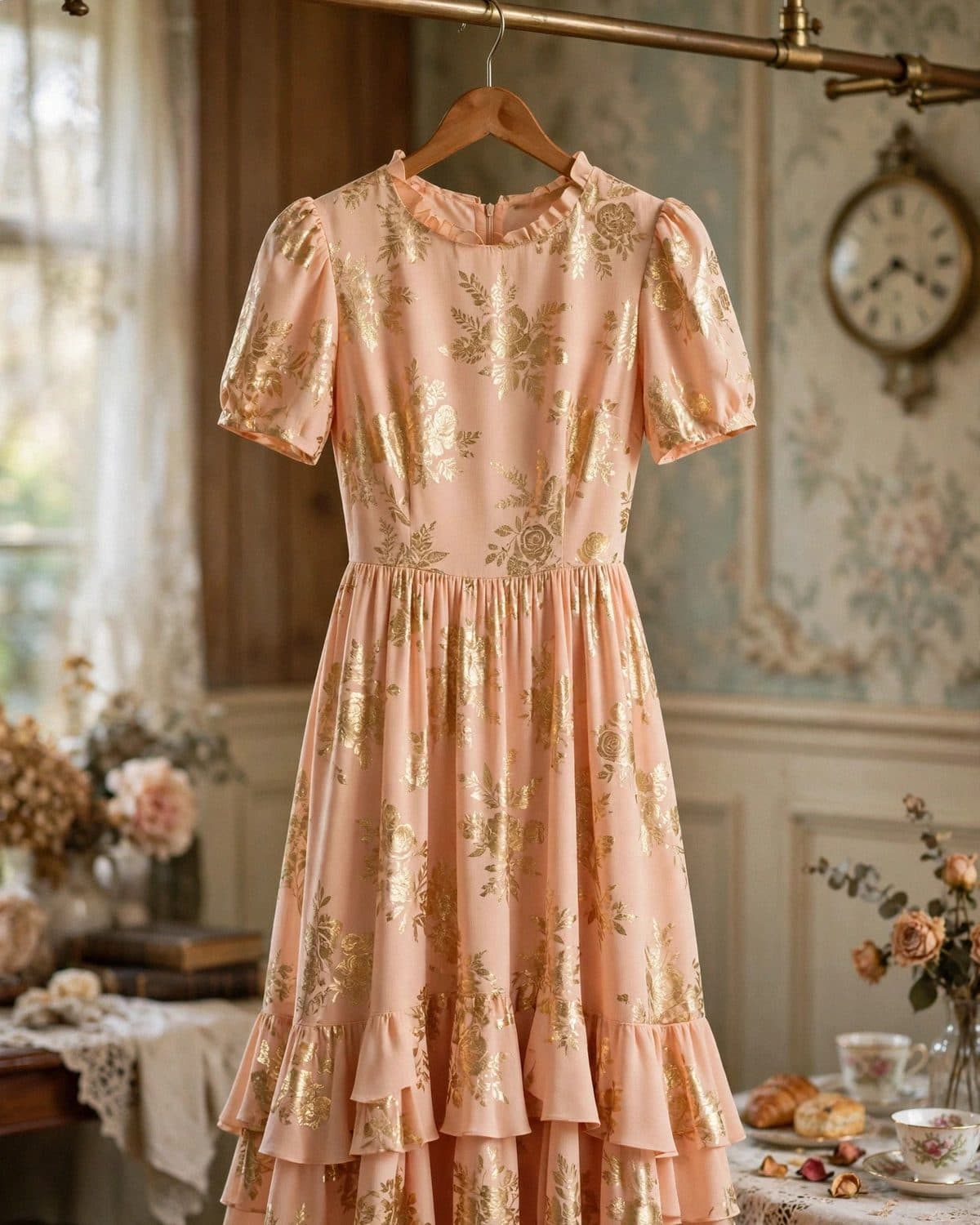 Design preview of the Peach Foil Print Frock in peach, front view