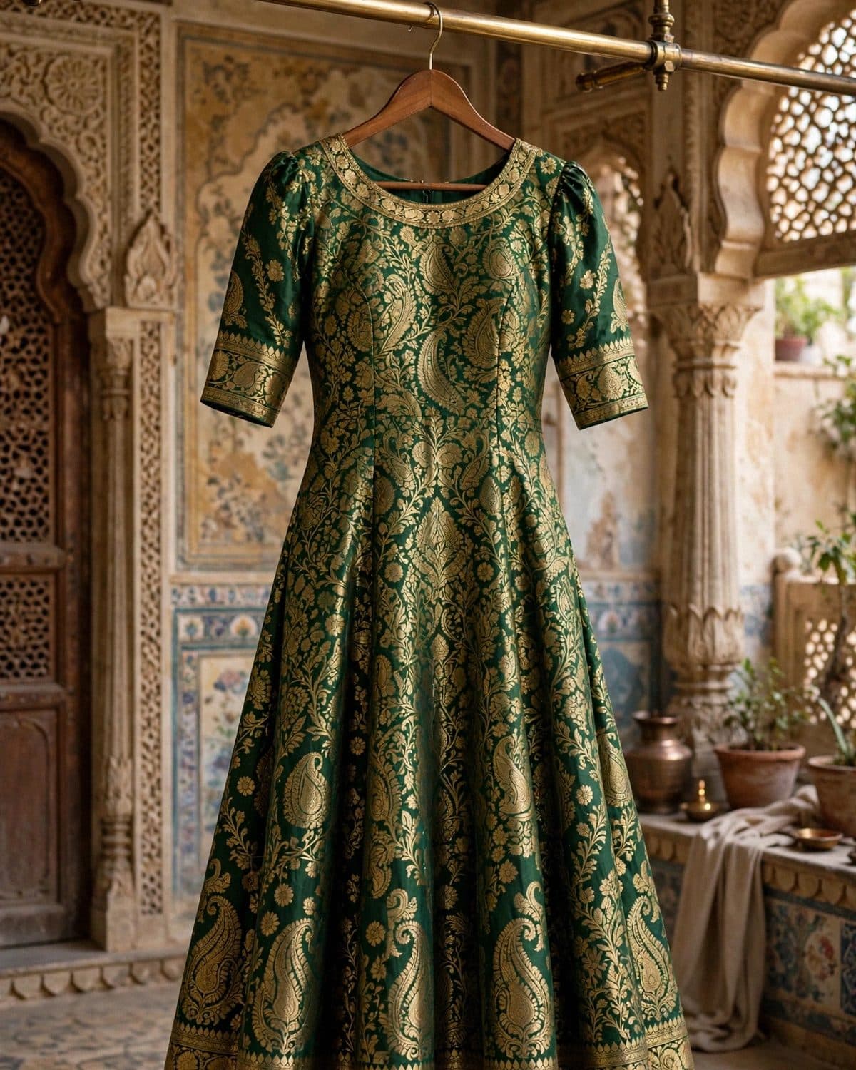 Design preview of the Peacock Jamavar Frock in peacock green, front view