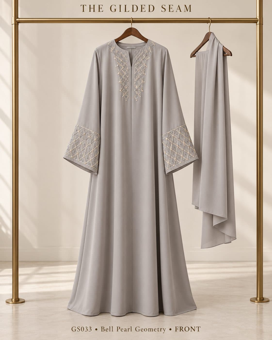 Design preview of the Pearl Geometry bell abaya in pearl grey