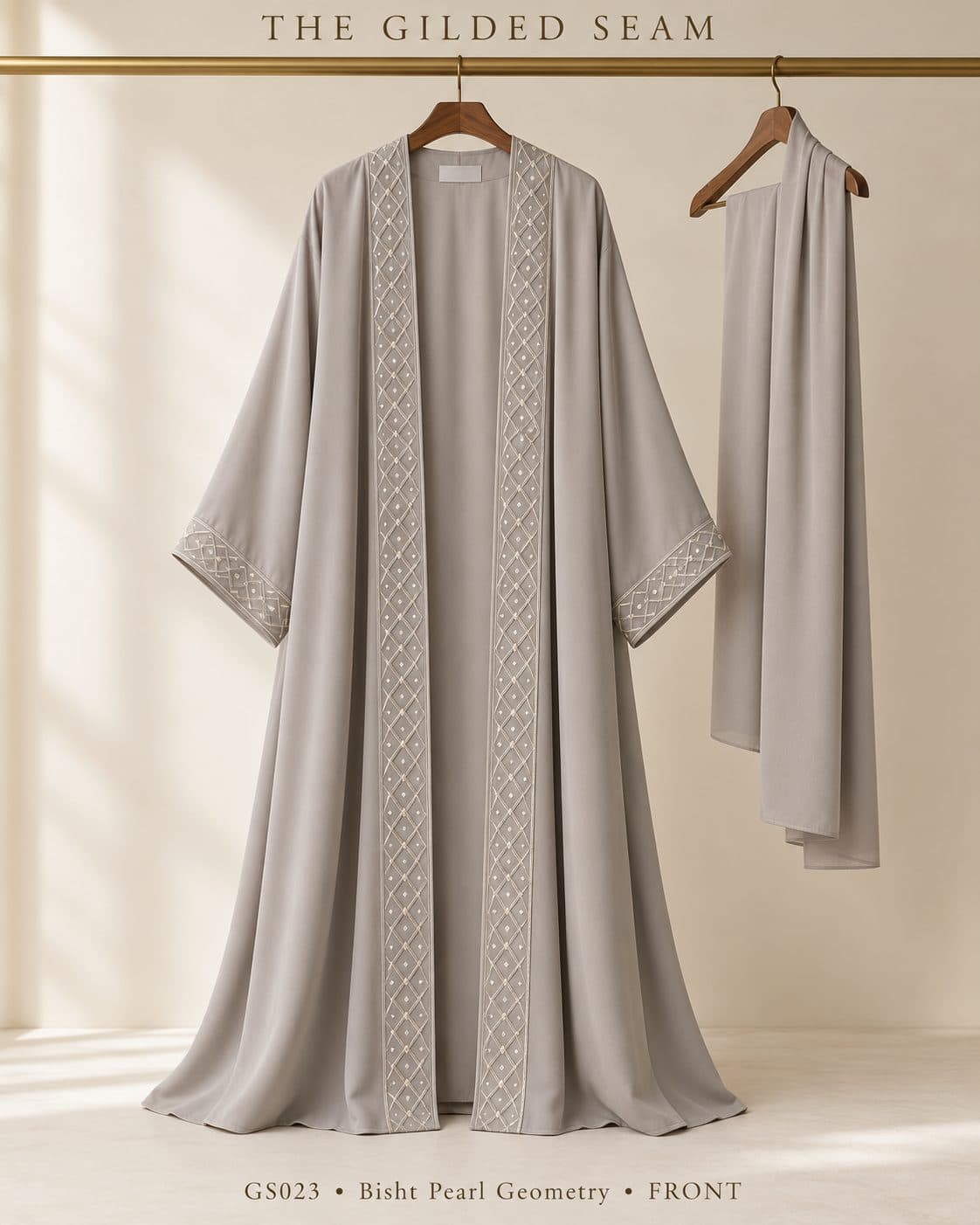 Design preview of the Pearl Geometry bisht abaya in pearl grey