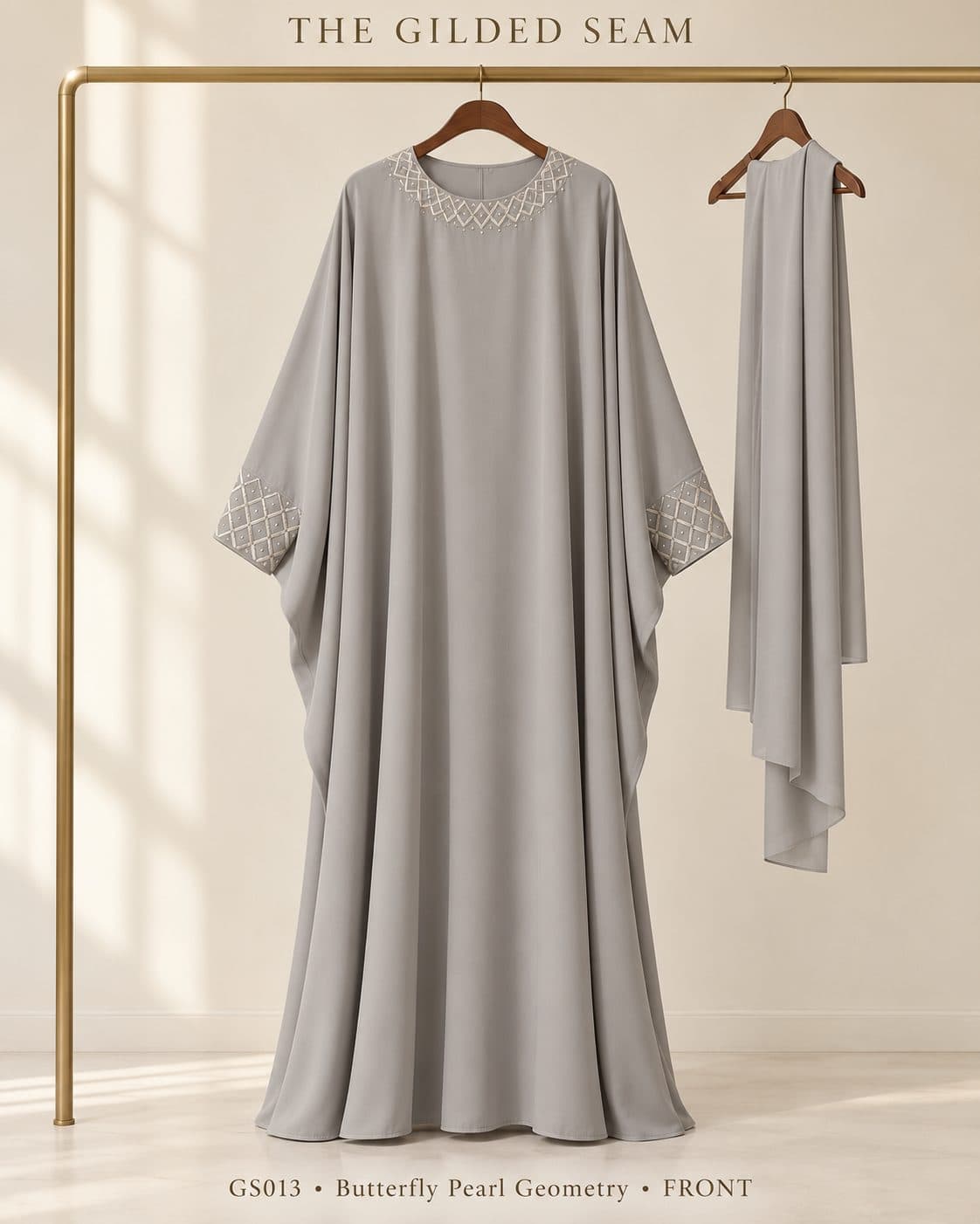 Design preview of the Pearl Geometry butterfly abaya in pearl grey