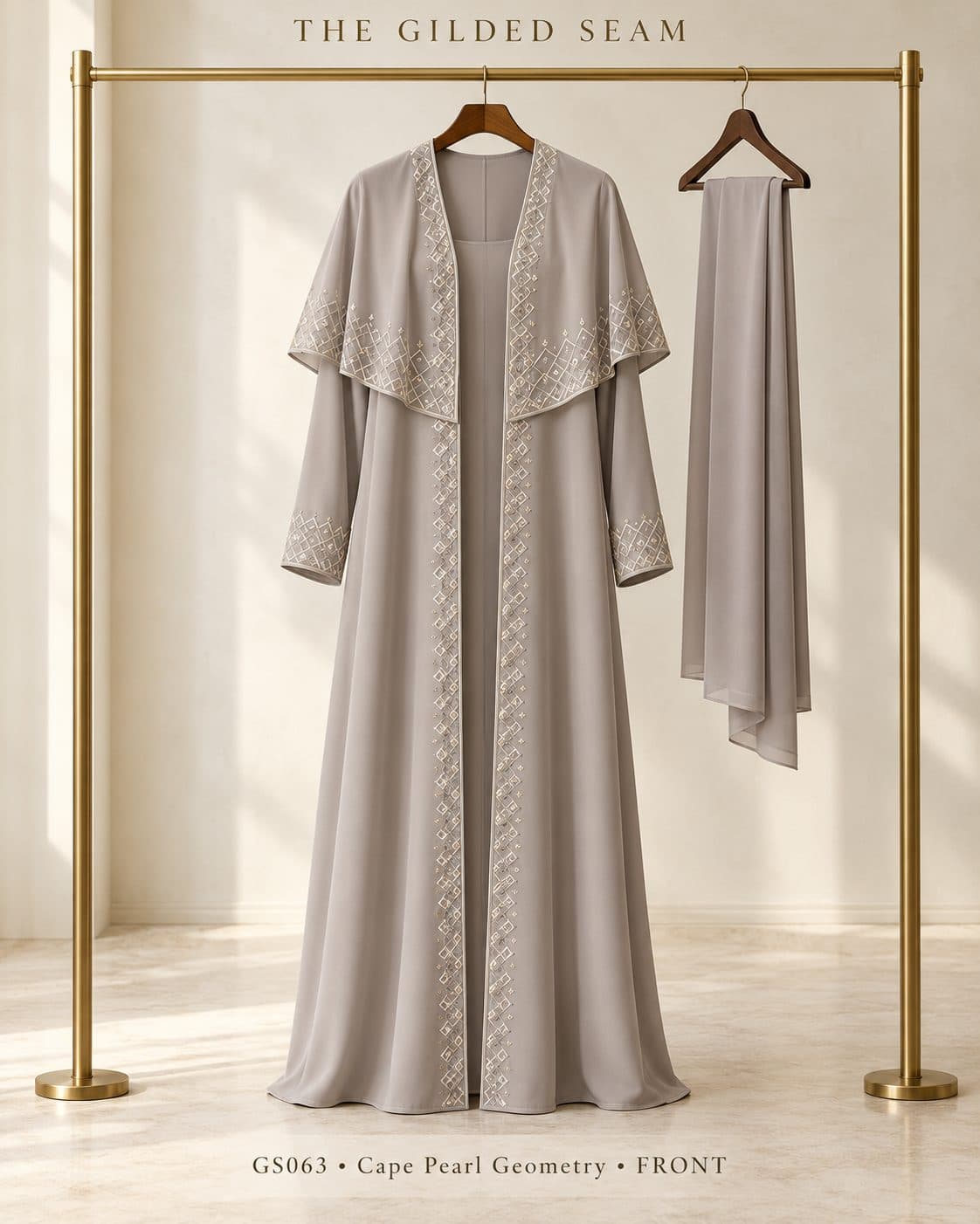 Design preview of the Pearl Geometry cape abaya in pearl grey