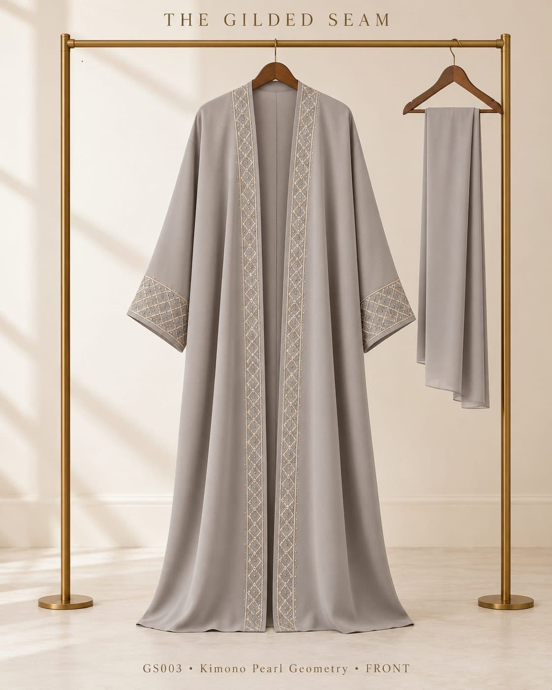 Design preview of the Pearl Geometry kimono abaya in pearl grey