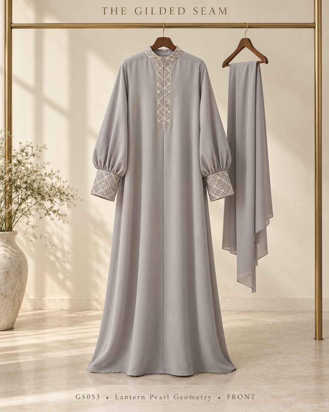 Design preview of the Pearl Geometry lantern abaya in pearl grey