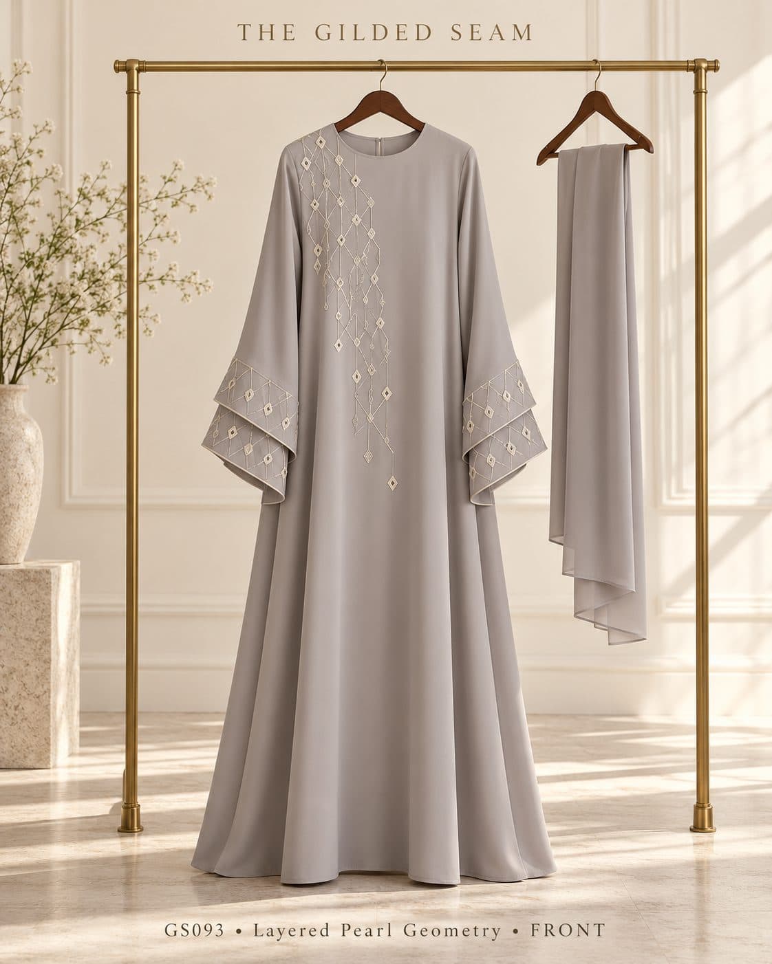 Design preview of the Pearl Geometry layered abaya in pearl grey