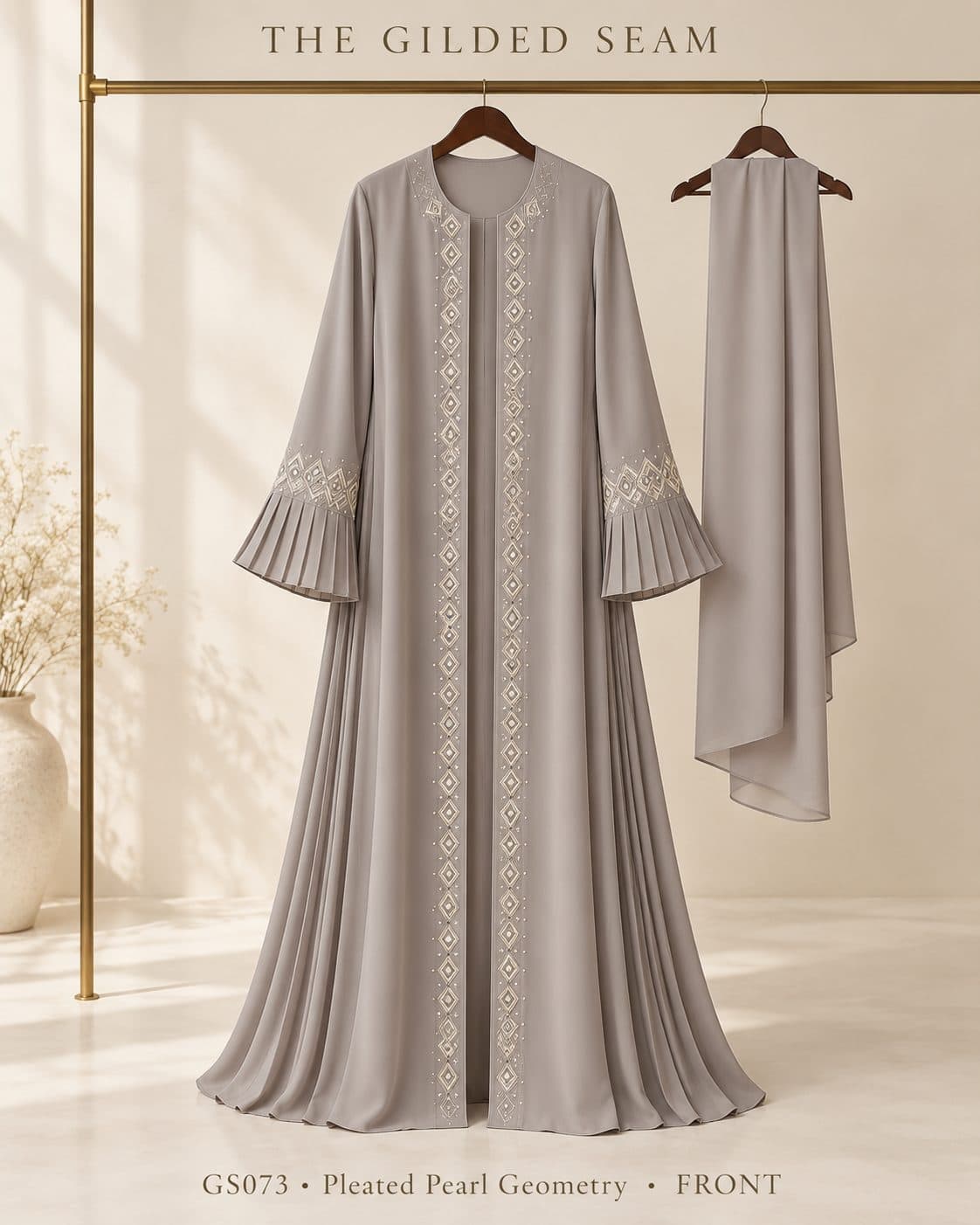 Design preview of the Pearl Geometry pleated abaya in pearl grey