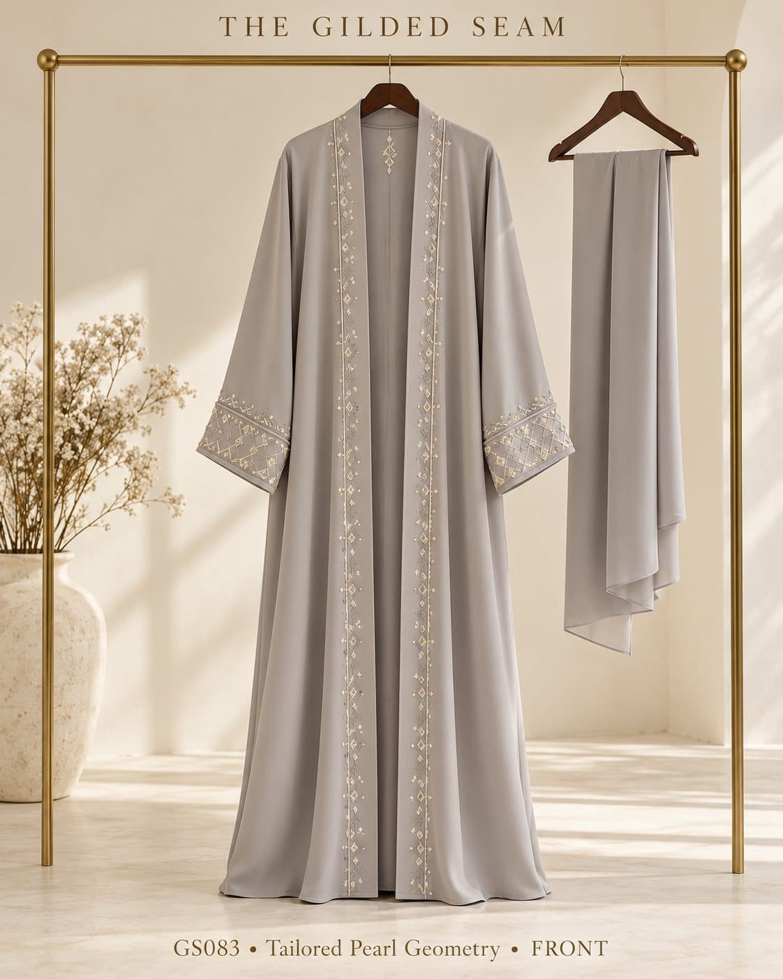 Design preview of the Pearl Geometry tailored abaya in pearl grey