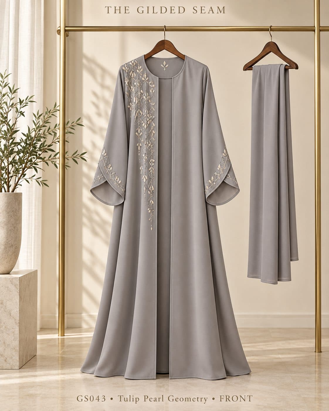 Design preview of the Pearl Geometry tulip abaya in pearl grey