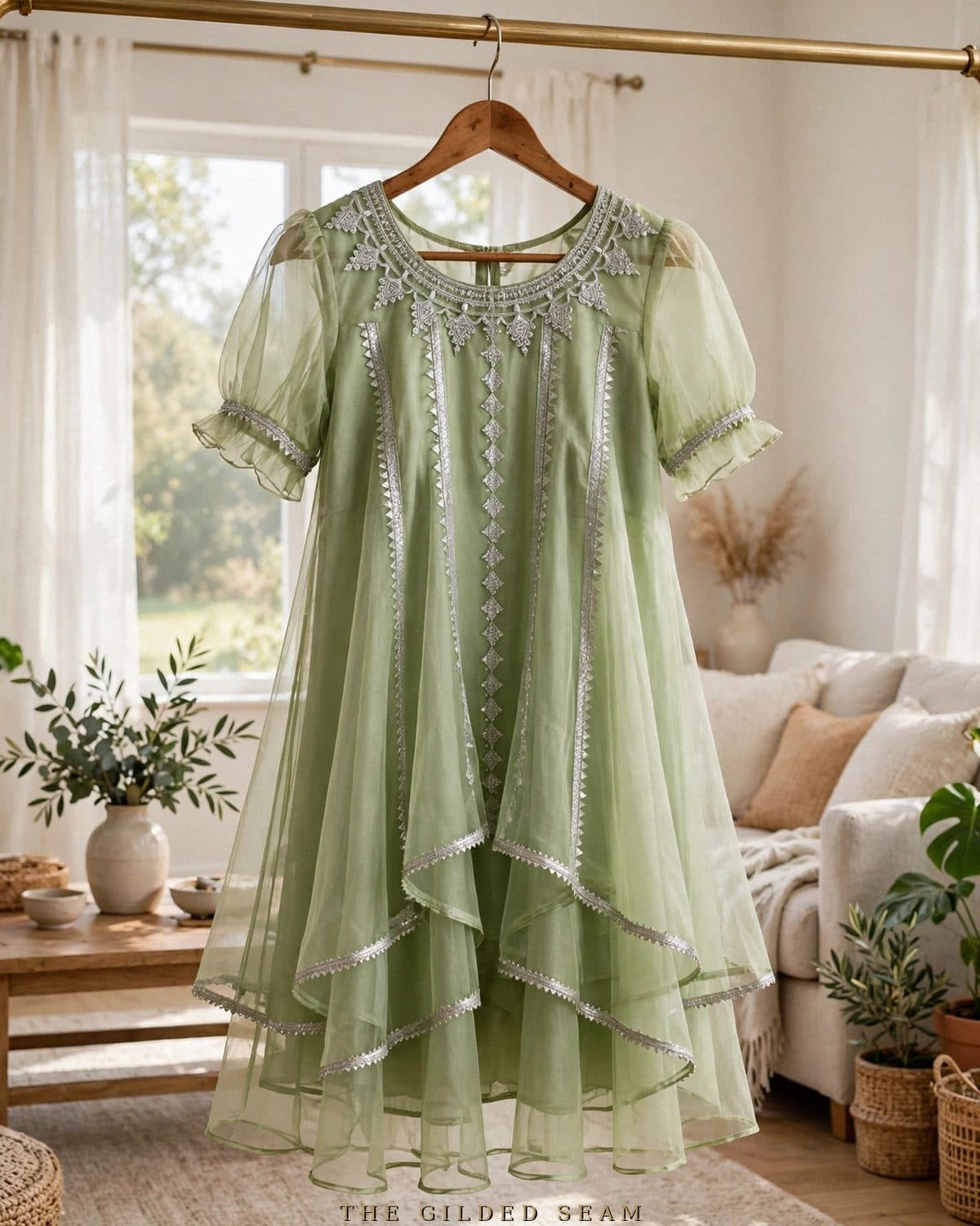 Design preview of the Pistachio Gota Frock in pistachio, front view