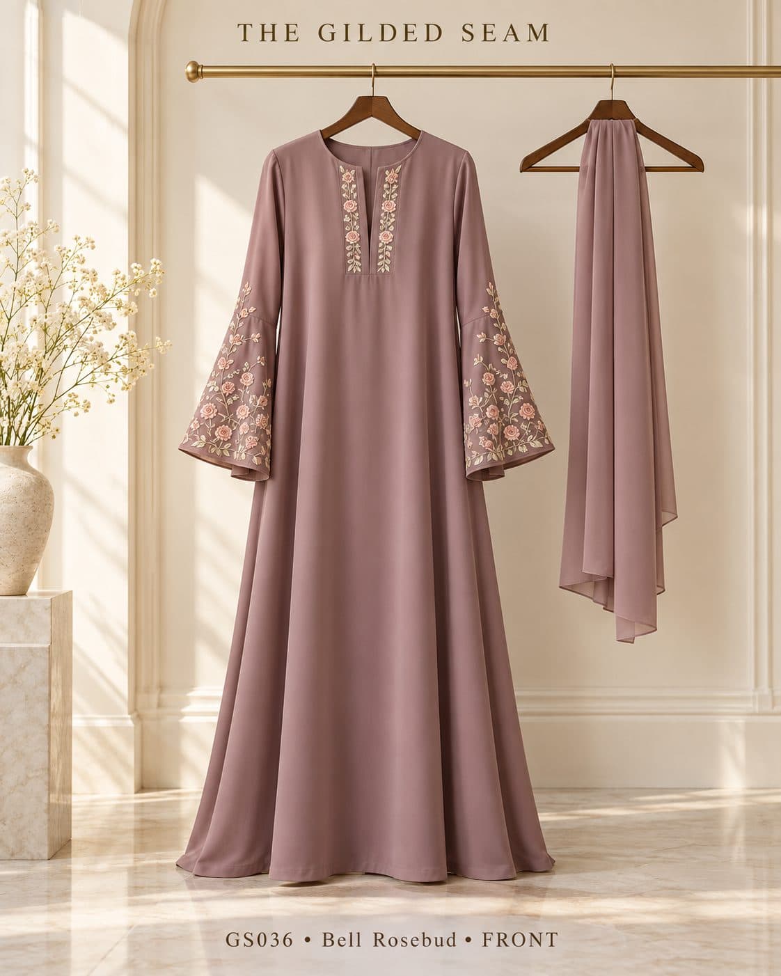 Design preview of the Rosebud bell abaya in dusty mauve