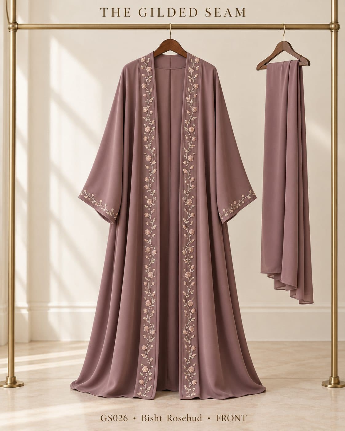 Design preview of the Rosebud bisht abaya in dusty mauve