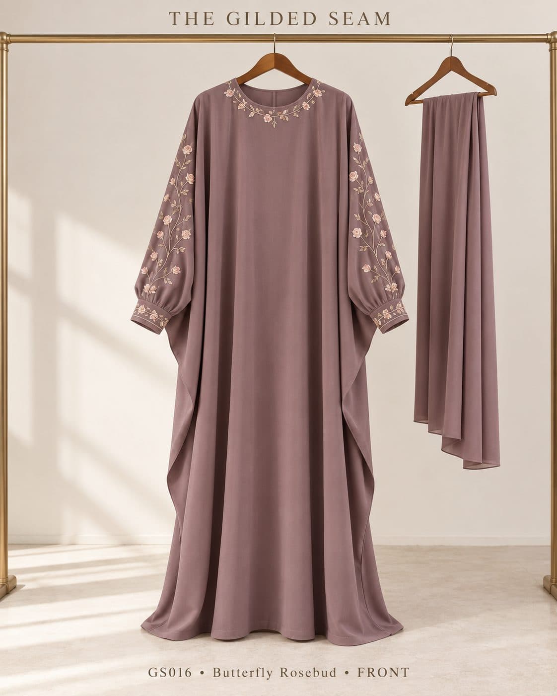 Design preview of the Rosebud butterfly abaya in dusty mauve