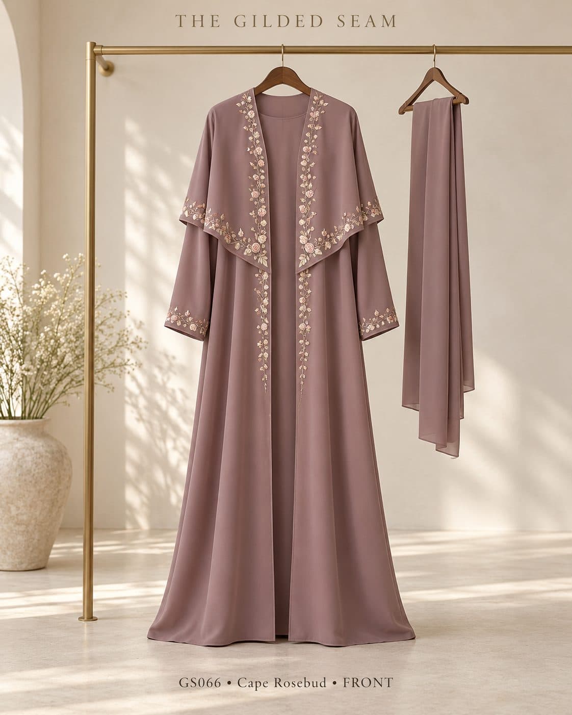 Design preview of the Rosebud cape abaya in dusty mauve