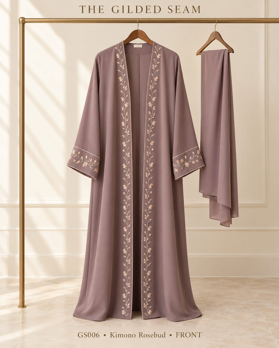 Design preview of the Rosebud kimono abaya in dusty mauve