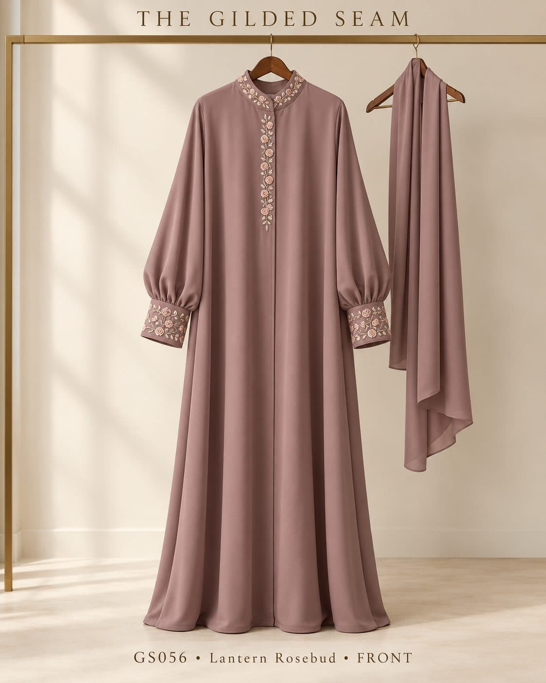 Design preview of the Rosebud lantern abaya in dusty mauve