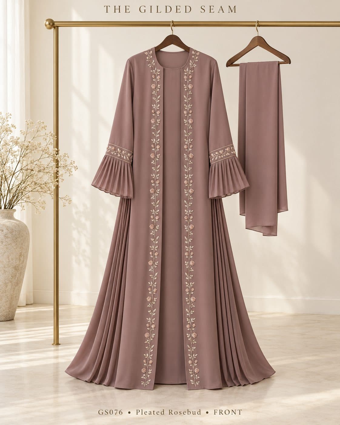 Design preview of the Rosebud pleated abaya in dusty mauve