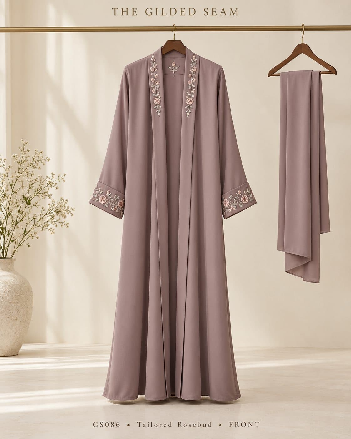 Design preview of the Rosebud tailored abaya in dusty mauve