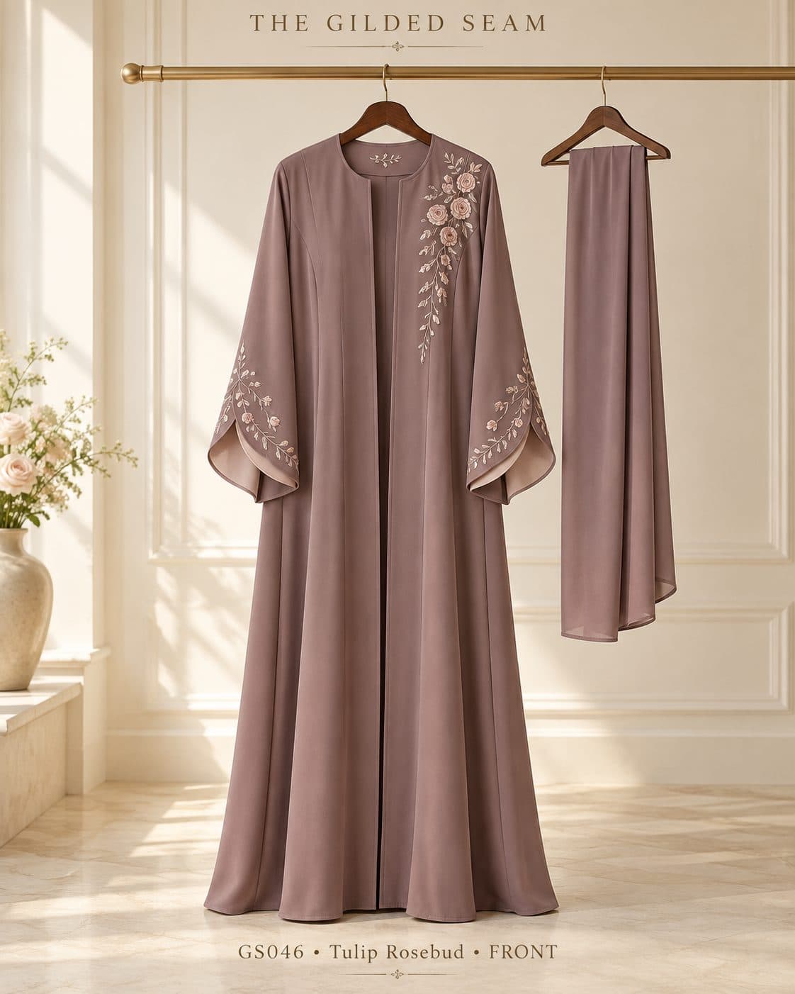 Design preview of the Rosebud tulip abaya in dusty mauve