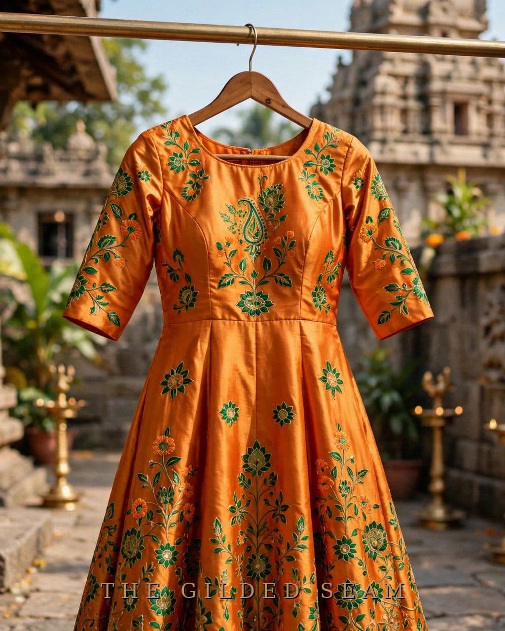 Design preview of the Saffron Meenakari Frock in saffron, front view