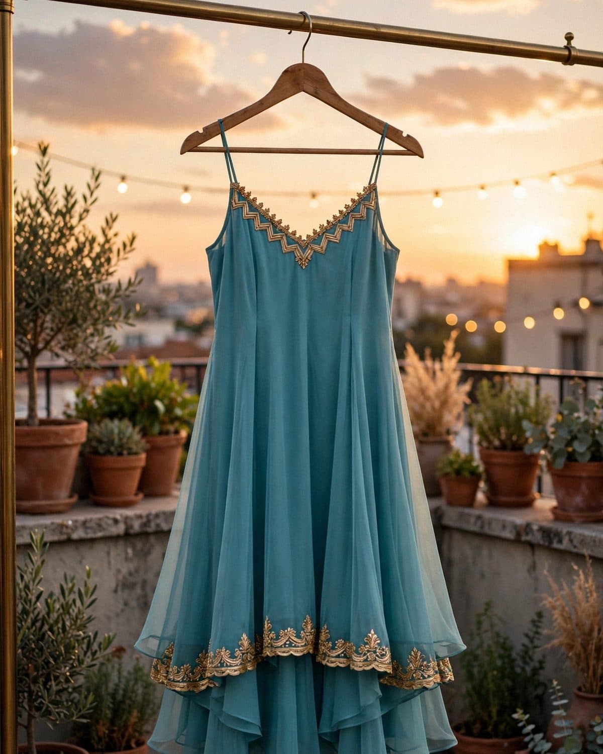 Design preview of the Teal Gota Patti Frock in teal, front view