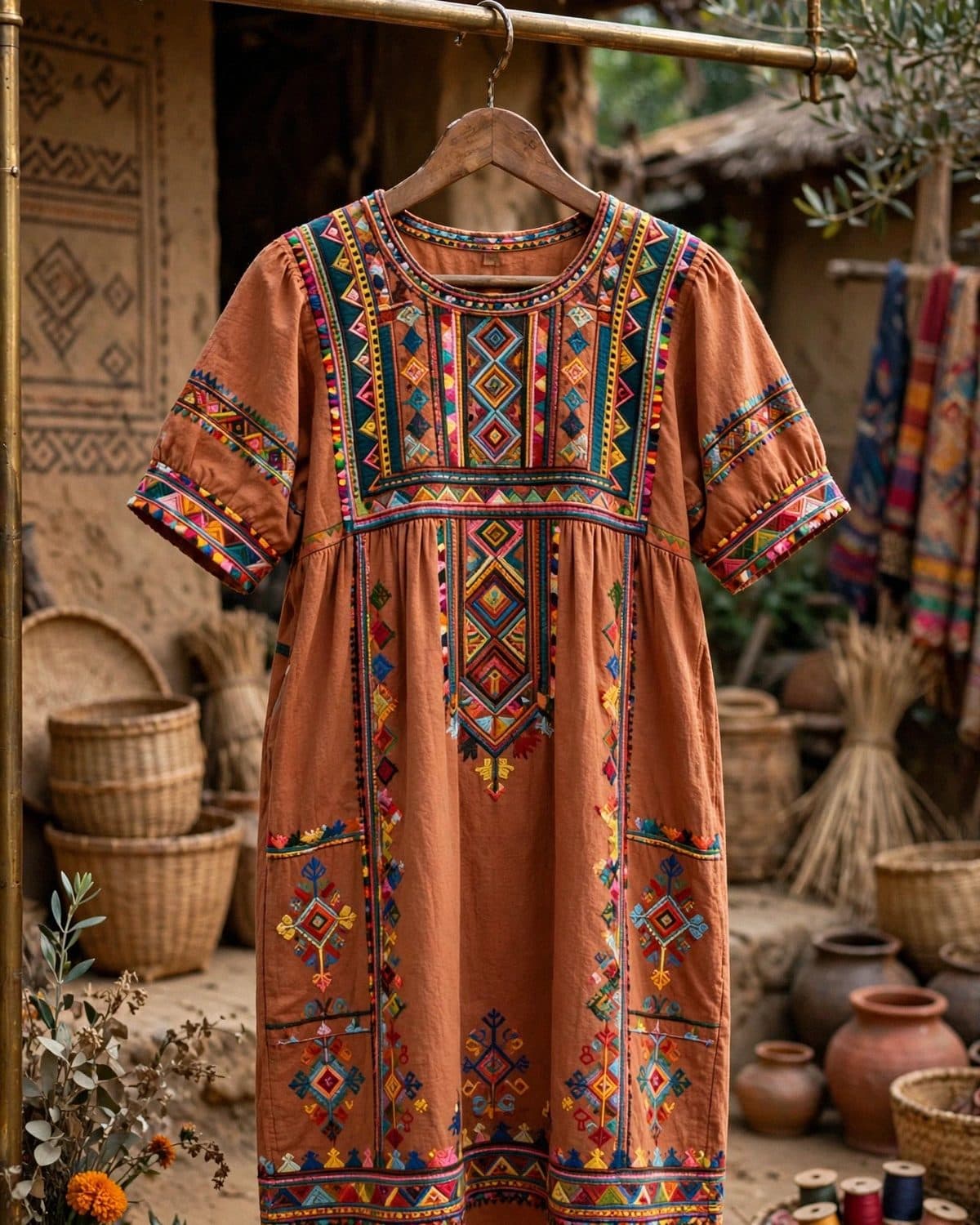 Design preview of the Terracotta Tribal Frock in terracotta, front view