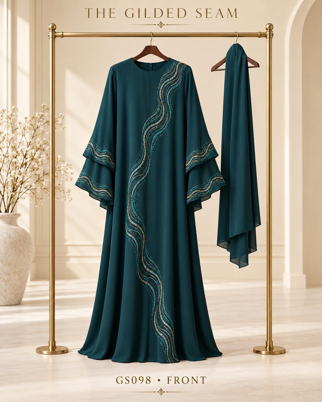 Design preview of the Wave layered abaya in deep teal, front view