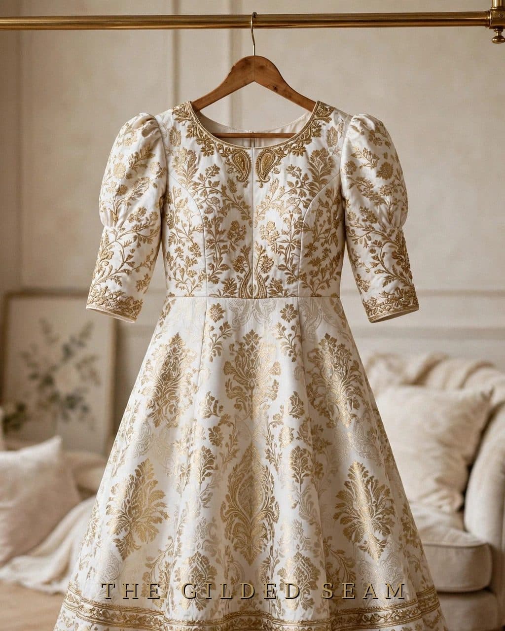 Design preview of the White Brocade Frock in ivory white, front view