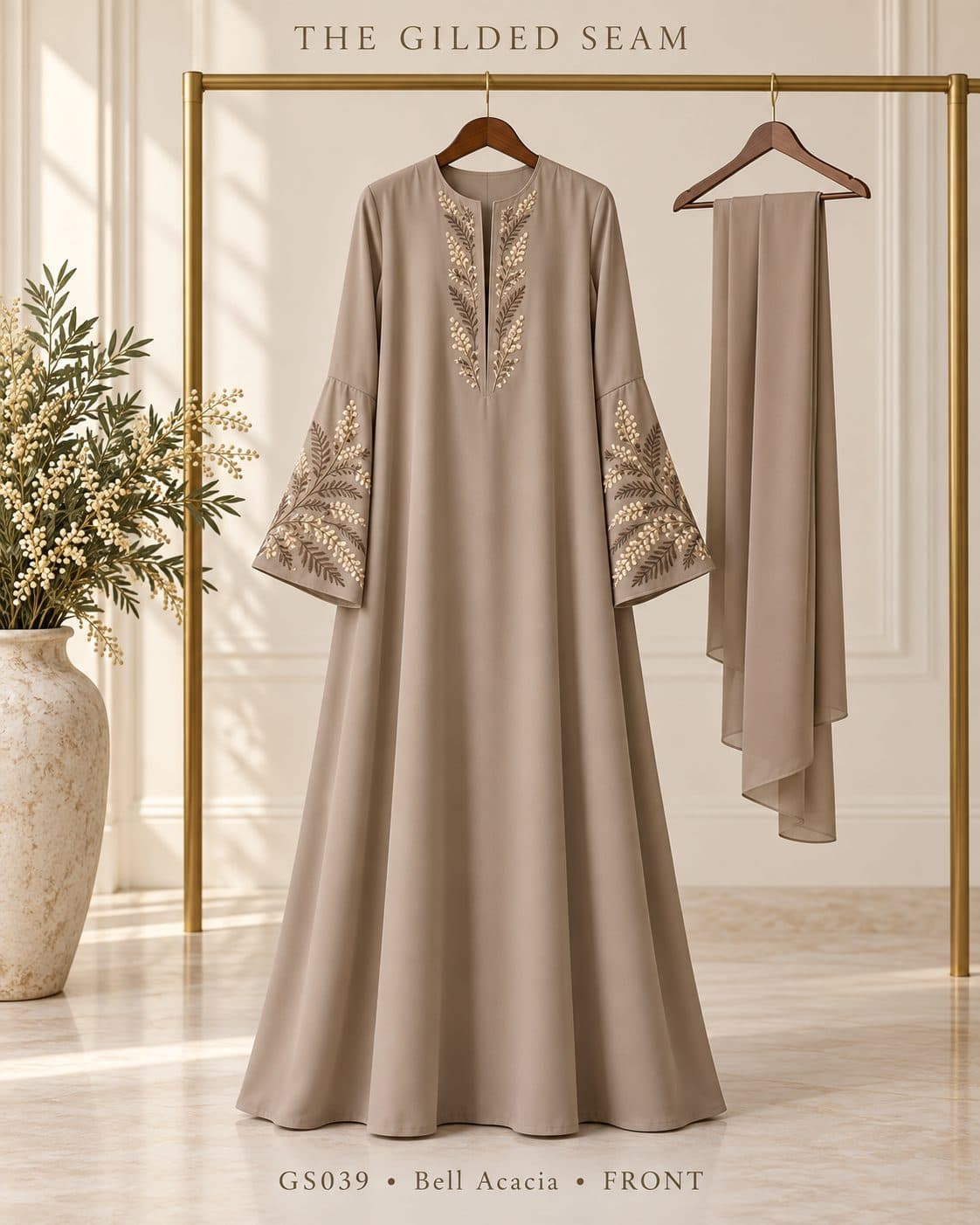 Design preview of the Acacia bell abaya in taupe, front view