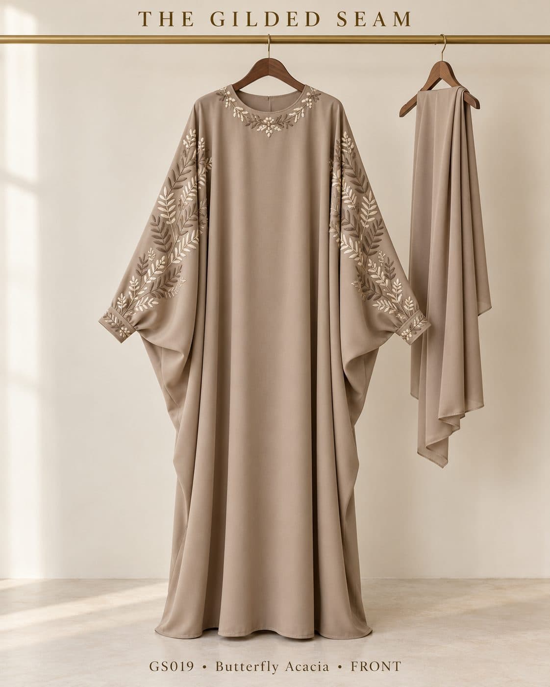 Design preview of the Acacia butterfly abaya in taupe, front view