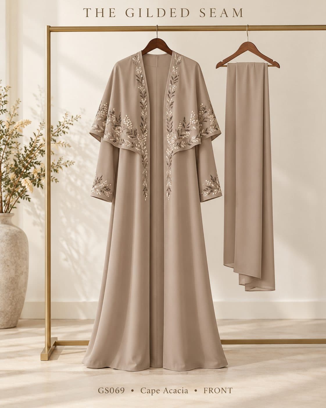 Design preview of the Acacia cape abaya in taupe, front view