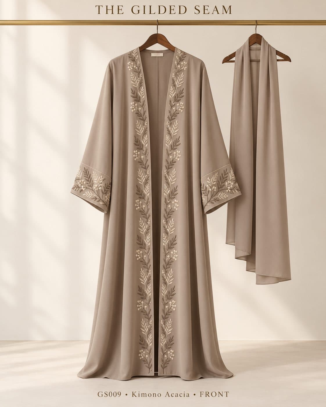 Design preview of the Acacia kimono abaya in taupe, front view