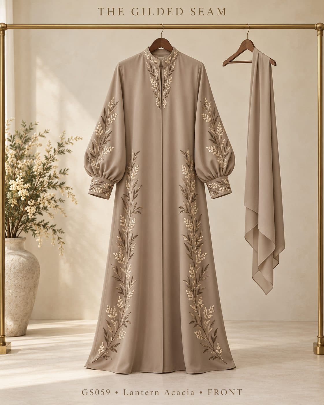 Design preview of the Acacia lantern abaya in taupe, front view
