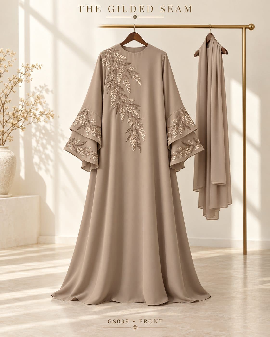 Design preview of the Acacia layered abaya in taupe, front view