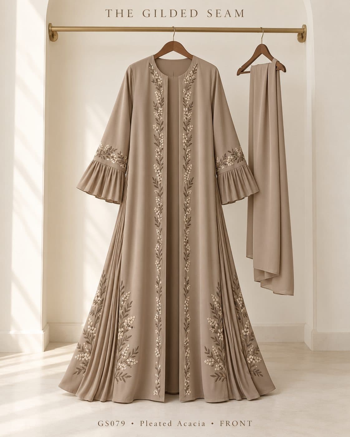 Design preview of the Acacia pleated abaya in taupe, front view