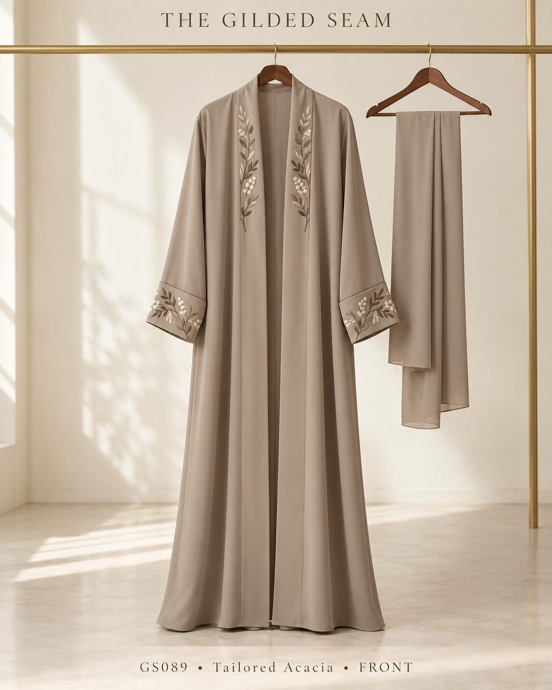 Design preview of the Acacia tailored abaya in taupe, front view