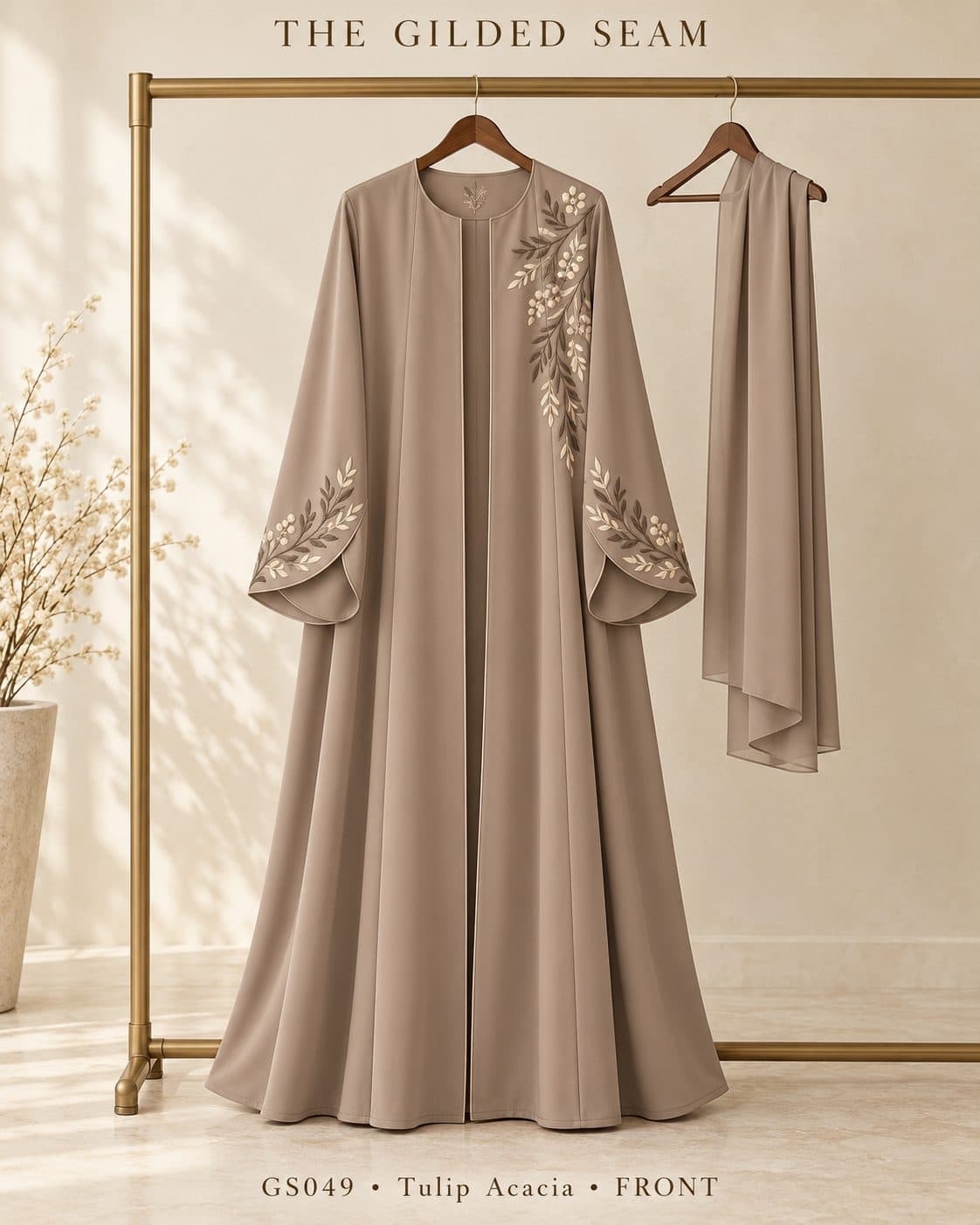 Design preview of the Acacia tulip abaya in taupe, front view