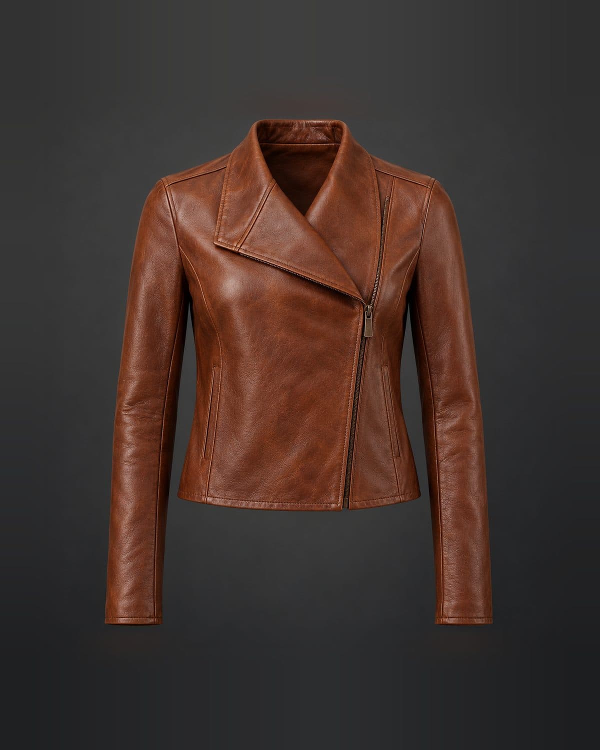 Design preview of the Beltless Clean Crop leather jacket in cognac: minimal, wide lapel, asymmetric zip, no studs