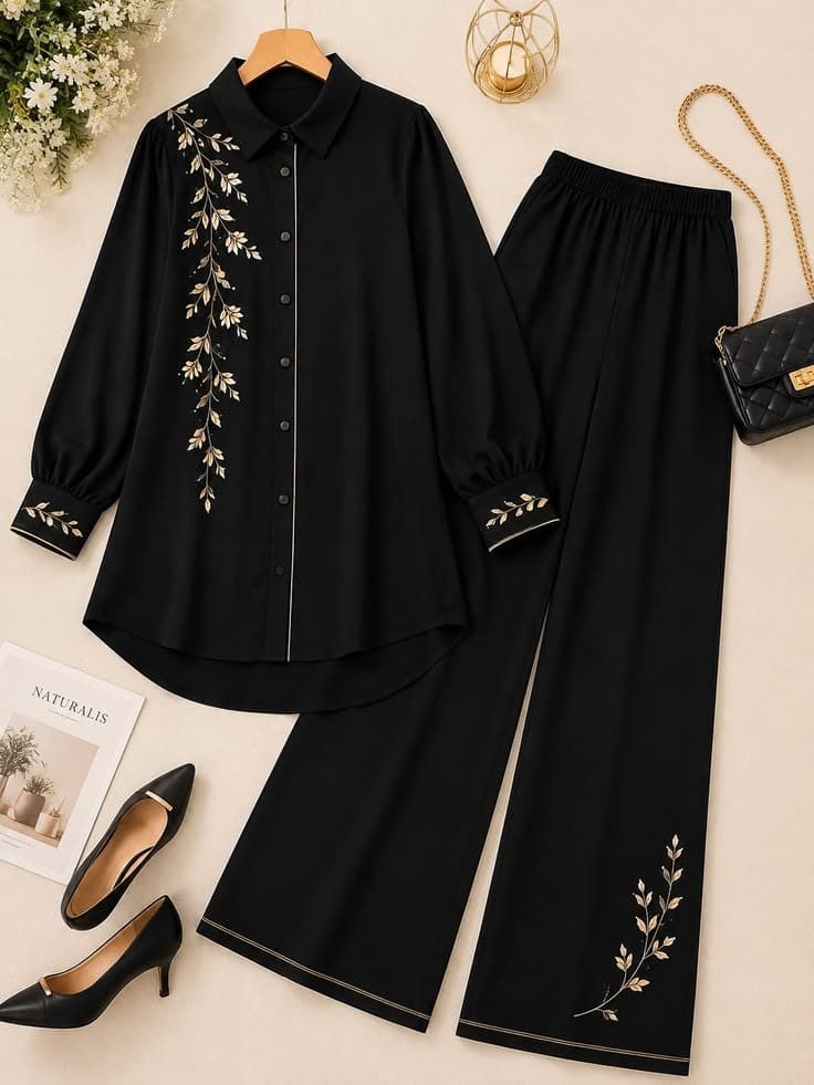 Design preview of the Black Gold Vine Co-ord Set in black, front view