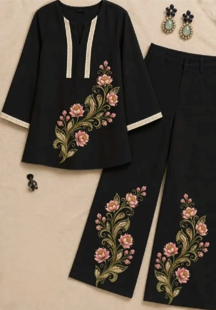 Design preview of the Black Lotus Co-ord Set in black, front view